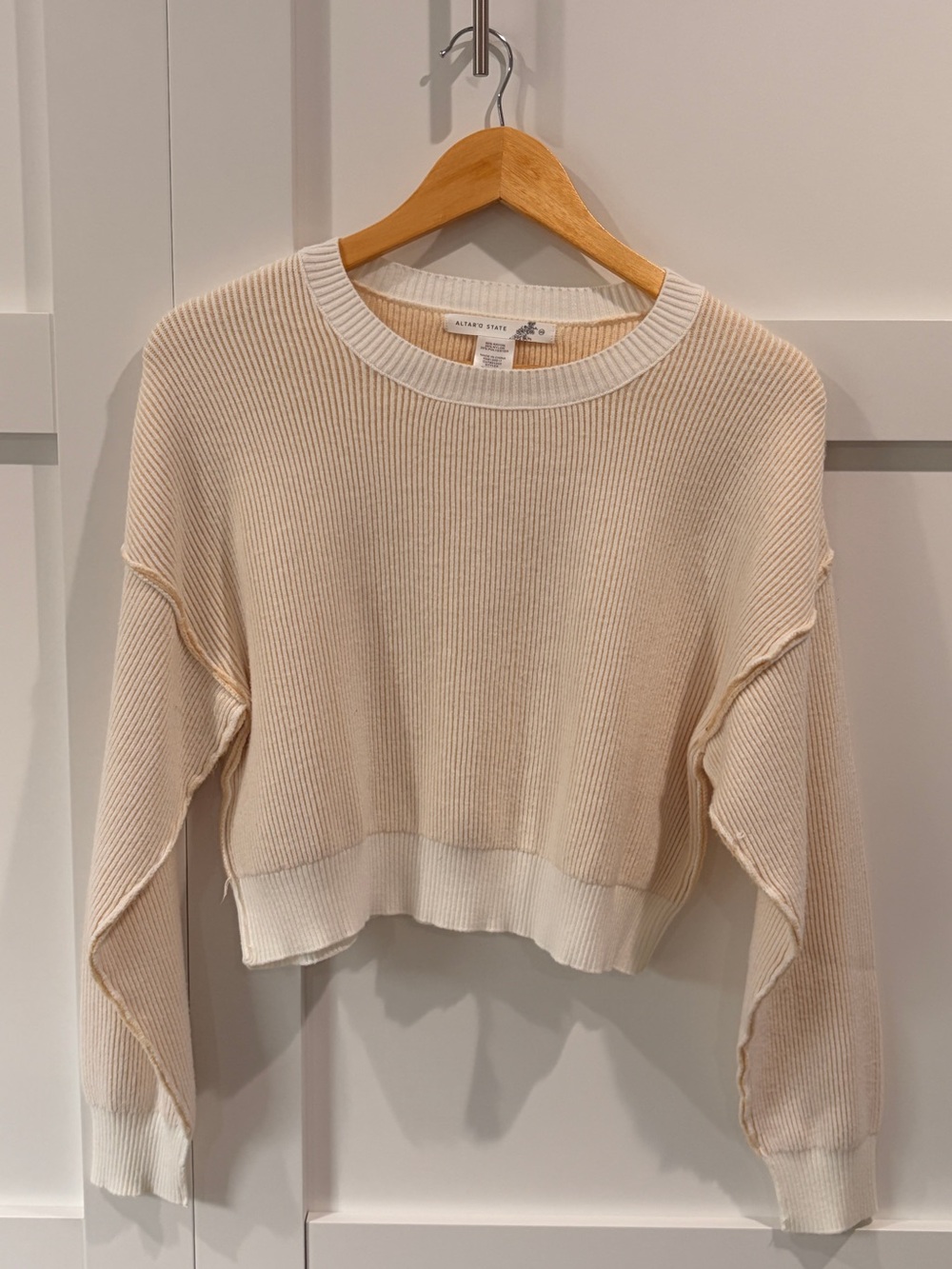 Altar’d State Cropped Ribbed Crewneck Sweater in Cream - XS